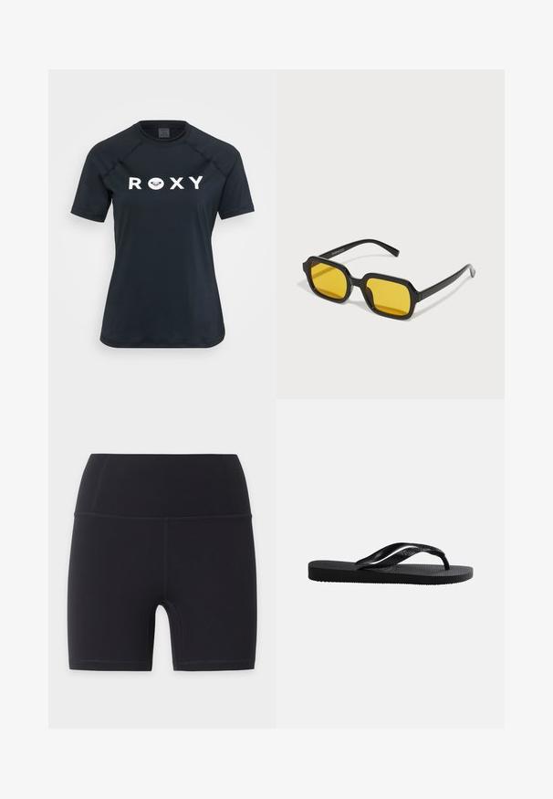 Rash guard noir à manches courtes en matière extensible, avec un logo "ROXY" blanc sur le devant et un design à col rond.; Shorts de cyclisme sportifs noirs taille haute avec coutures plates, conçus pour une coupe ajustée et une longueur mi-cuisse.; Tongs en caoutchouc noir avec semelle texturée et bride en Y lisse sur un fond clair uni.; Lunettes de soleil rectangulaires noires avec des verres jaunes. Les caractéristiques incluent des montures épaisses et un design anguleux avec une finition lisse et brillante.