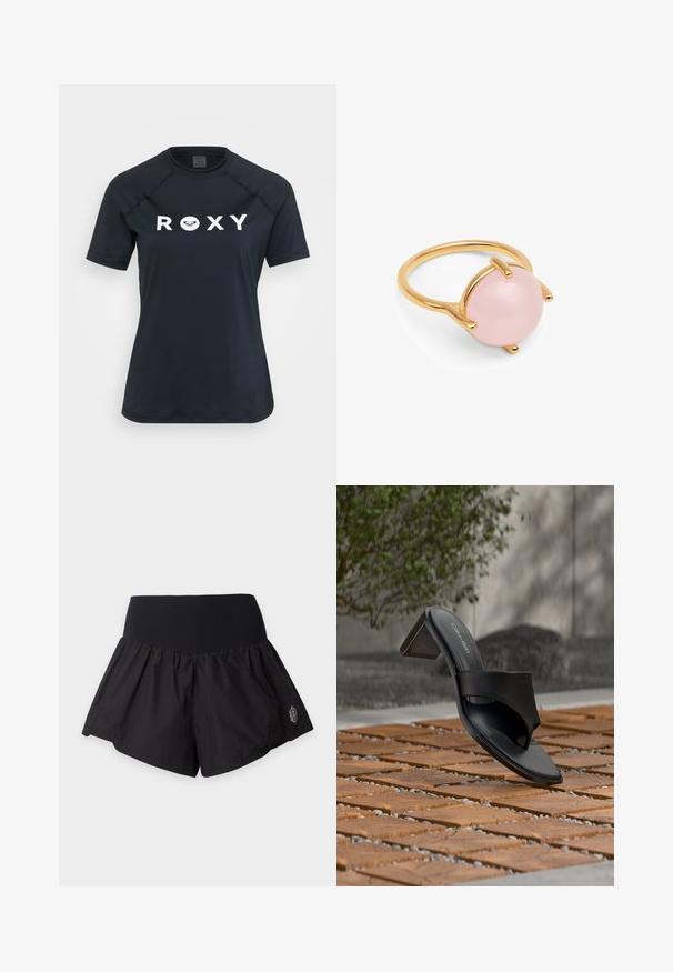 Čierna krátkopesová rash guard z elastického materiálu, s bielym logom "ROXY" na prednej strane a okrúhlym výstrihom.; Čierne športové šortky so širokým, rebrovaným elastickým pásom a malým reflexným logom v pravom dolnom rohu.; Čierna sandála Calvin Klein na podpätku s prstovou slučkou na drevenej dlažbe vonku pri strome a kamennom múre.; Zlatý prsteň s hladkým, okrúhlym ružovým kameňom. Obruč je štíhla a má štyri špicaté akcenty, ktoré pevne držia kameň na mieste.