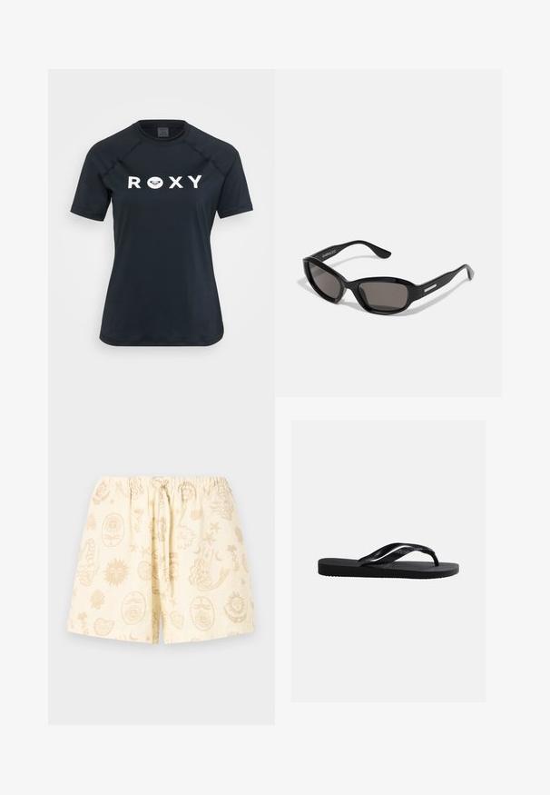 Must have lühikeste varrukatega rash guard, mis on valmistatud venivast materjalist, kus ees on valge "ROXY" logo ja ümar kaelus.; Kreemikad elastse vööümbrusega lühikesed püksid, paelaga, kaunistatud beeži abstraktse päikese, kuu, kesta ja merineitsi mustriga.; Mustast kummist plätud tekstureeritud tallaga ja ühtlaste rihmadega, külgvaade ühevärvilisel heledal hallil taustal.; Mustad prillid, millel on ristkülikukujuline raam, tumedad objektiivid, sile plastikmaterjal ja metallist aksent tempel.