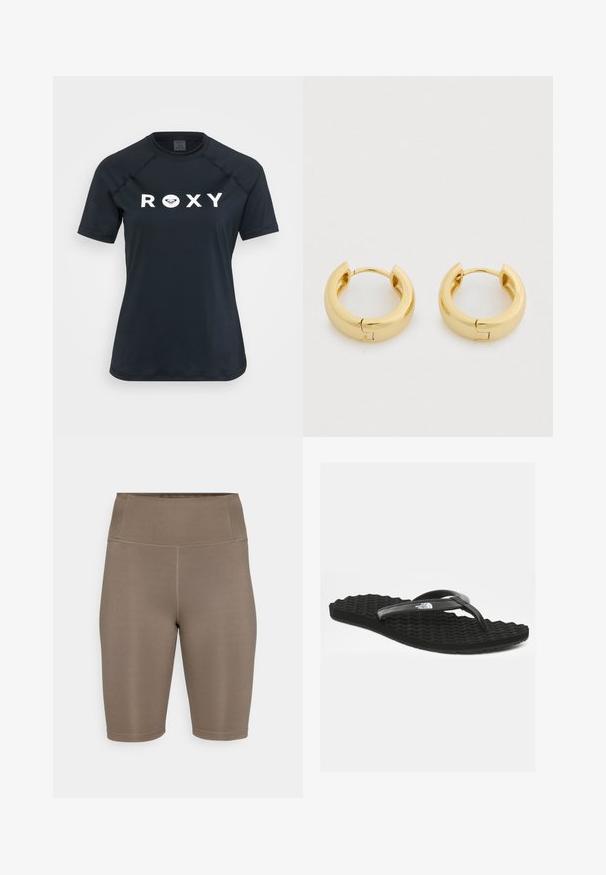 Čierna krátkopesová rash guard z elastického materiálu, s bielym logom "ROXY" na prednej strane a okrúhlym výstrihom.; Hnedé bicyklové šortky vyrobené z elastického materiálu s vysokým pásom. Majú hladký povrch a ploché švy pre pohodlie. Bez viditeľných log alebo vzorov.; Čierne šľapky vyrobené z gumy s textúrovanou podrážkou a šedým flexibilným remienkom. Obsahuje logo na remienku. Vlnený vzor podrážky pre lepšiu priľnavosť.; Zlaté kruhové náušnice s hladkým, lešteným povrchom, kruhovým tvarom a pántovým zapínaním. Dizajn je moderný a minimalistický.