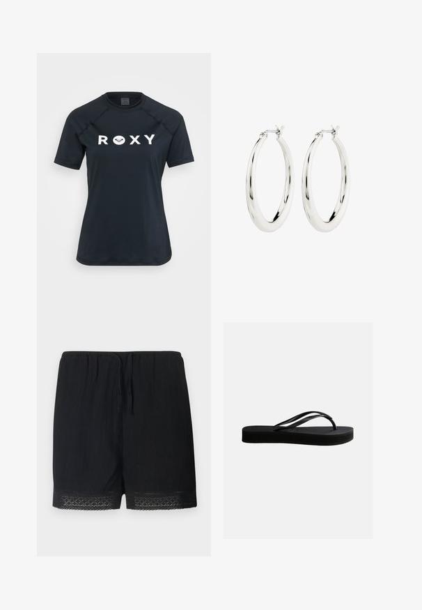 Sort kortærmet rash guard lavet af strækbart materiale, med et hvidt "ROXY" logo på forsiden og en rund halsudskæring.; Sorte shorts lavet af struktureret stof med elastisk talje og bindebånd, som har en fin blondekant ved kanten.; Sort gummiflipflop med tekstureret sål og Y-formet rem, vist i sideprofil mod en ensartet lys baggrund.; Sølvøreringe i form af hoops med en glat, blank finish. Cirkulær form, der har en sikker lås. Simpelt og elegant design.