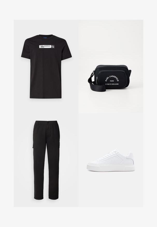 Zwarte katoenen T-shirt met korte mouwen, voorzien van een witte tekstafdruk met het label "KARL LAGERFELD JEANS" en een logo, ronde halslijn.; Zwarte cargobroek van duurzaam materiaal; heeft een elastische tailleband, voor- en zijzakken en een recht model.; Witte lage sneaker met geperst geometrisch patroon, veterluiting en dikke zool, zijaanzicht op een witte achtergrond.; Zwarte nylon schoudertas met witte tekst en branding, voorzien van een ritscompartiment en een verstelbare schouderband. Rechthoekige vorm met een gladde textuur.