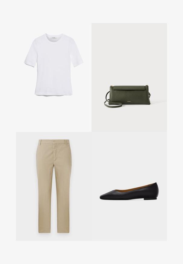 Hvid kortærmet t-shirt lavet af ribbet stof. Rund halsudskæring, almindelig pasform og subtile syninger. Ingen mønstre eller grafik.; Beige bukser med lige snit, lavet af glat stof. Har lynlås og bæltestropper; minimale sømme og ingen synlige mønstre.; Sort læder flad sko med spids tå, lav hæl og glat finish, vist fra siden på en lysegrå baggrund.; Mørkegrøn struktureret læder crossbody taske med klaplukning og tynd justerbar rem, præget med lille guld "Bee Projects" logo.