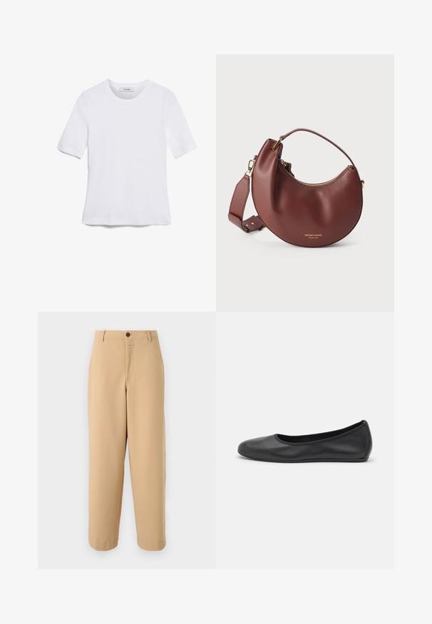 Witte korte mouwen t-shirt van ribstof. Ronde halslijn, normale pasvorm en subtiele stiksels. Geen patronen of grafische elementen.; CLOSED WRENNA - Broek - urban beige; Zwarte leren ballerina met een ronde neus, gladde textuur, minimale stikdetails en een flexibele zoolontwerp.; Bruine leren handtas in halve maanvorm met gouden ritssluiting en verstelbare schouderriem op een witte achtergrond.