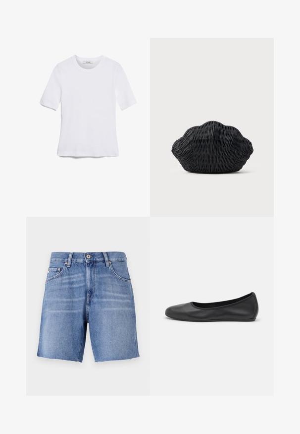 Hvid kortærmet t-shirt lavet af ribbet stof. Rund halsudskæring, almindelig pasform og subtile syninger. Ingen mønstre eller grafik.; Lyseblå denimshorts med lige snit, rå kant, fem lommer og metalknaplukning. Stoffet har en glat tekstur med let falming.; Sort læderballetsko med rund tå, glat tekstur, minimal syning og et fleksibelt såldesign.; Sort flet håndtaske formet som en muslingeskal med en buet top og flettet tekstur på en ensfarvet baggrund.