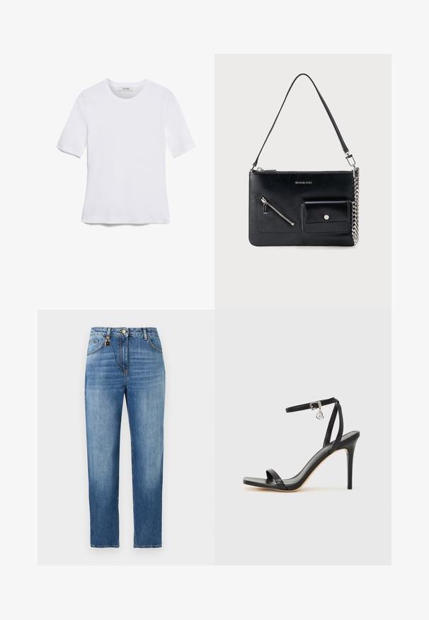 Hvid kortærmet t-shirt lavet af ribbet stof. Rund halsudskæring, almindelig pasform og subtile syninger. Ingen mønstre eller grafik.; Blå denimjeans med lige ben, der har knaplukning, bæltestropper og forlommer. Subtil falmen i stoffet.; Sort hæl-sandal med smal ankrem, firkantet tå-boks, glat lædermateriale og metalspænde som pynt.; Sort Michael Kors skuldertaske i læder med toplynlås, diagonal lynlåslomme foran, klaplomme med trykknap og sølvkædedetalje.