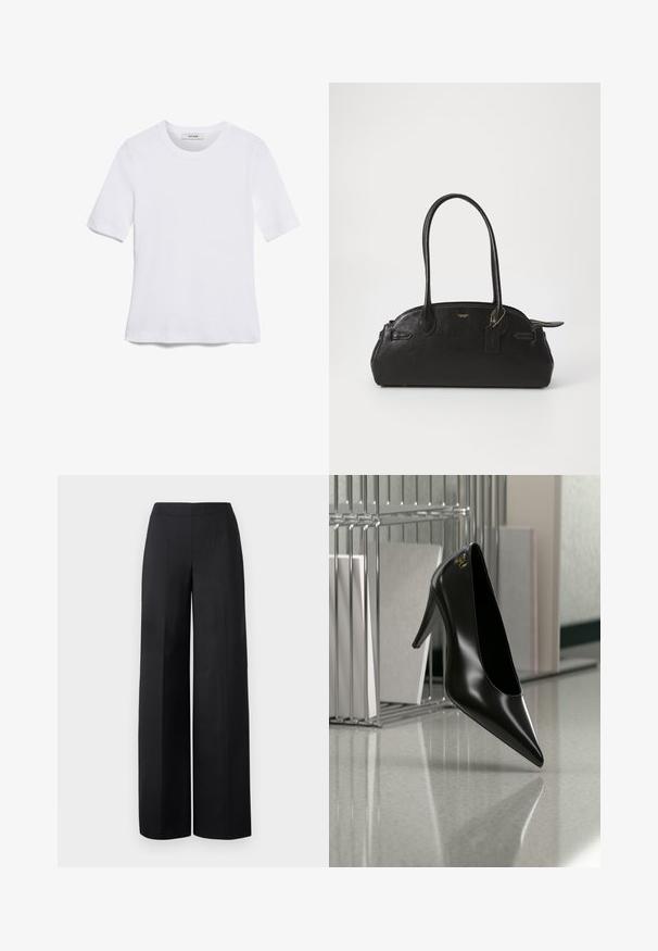 Hvid kortærmet t-shirt lavet af ribbet stof. Rund halsudskæring, almindelig pasform og subtile syninger. Ingen mønstre eller grafik.; Sorte brede benbukser lavet af glat stof. Har en høj talje og rene, lige linjer uden synlige lommer eller pynt.; Sort højhælet sko med spids tå og guldlogo, placeret på en reflekterende overflade nær en krom trådfilholder med dokumenter.; Sort læderhåndtaske i rund form, med to lange håndtag, guldfarvet hardware og et lille mærke vedhæftet. Lynlåslukning på toppen.