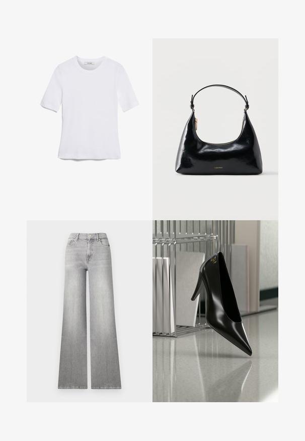 Camiseta de manga corta blanca hecha de tela de canalé. Cuello redondo, corte regular y detalles de costura sutiles. Sin patrones ni gráficos.; Jeans de mezclilla gris de pierna ancha con un acabado desgastado, bolsillo frontal y cierre de botón. Presenta una pierna recta y un dobladillo clásico.; Zapato de tacón alto negro con punta afilada y logo dorado, colocado sobre una superficie reflectante cerca de un organizador de archivos de alambre cromado con documentos.; Bolso negro brillante de Calvin Klein con cremallera dorada y correa corta sobre un fondo blanco liso.