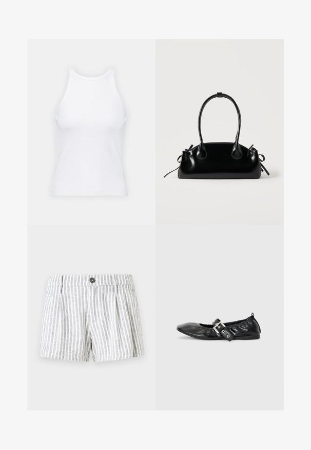 Hvid ærmeløs tanktop lavet af ribbet stof, med en rund halsudskæring og en tætsiddende silhuet, med minimale sømme og ingen pynt.; Stribede shorts i lys grå og hvid, med knappelukning, plissee foran og et blødt, tekstureret stof.; Sorte læder flade sko med spids tå, samling detaljer omkring åbningen, og en sølv spænde accent på den justerbare rem.; Lille sort blank håndtaske med to lange håndtag og snøre-detaljer i siden på en ensfarvet lys baggrund.