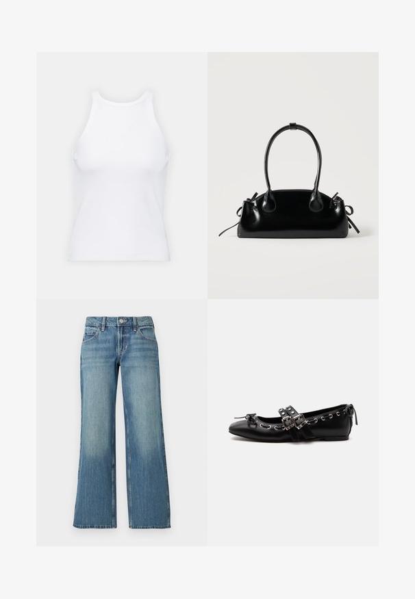 Hvid ærmeløs tanktop lavet af ribbet stof, med en rund halsudskæring og en tætsiddende silhuet, med minimale sømme og ingen pynt.; Lyseblå denimjeans med bred benform, der har en mellemhøj talje, forlommer og diskret falming, der viser en glat tekstur.; Sort flad balletsko med dobbelt spænde, sølvøjer og en lille sløjfe nær den runde tå på en hvid baggrund.; Lille sort blank håndtaske med to lange håndtag og snøre-detaljer i siden på en ensfarvet lys baggrund.