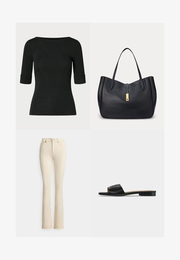 Chemise noire cintrée avec manches longueur coude et large encolure ronde sur un fond uni.; Jean évasé beige avec une taille haute, deux poches avant et une fermeture par bouton. Texture lisse et détails de couture minimalistes.; Sandale plate noire à enfiler avec une large bride en cuir présentant un logo embossé subtil et un petit talon.; Sac cabas en cuir noir avec deux poignées et une fermeture rectangulaire dorée ornée d'un petit logo cheval.