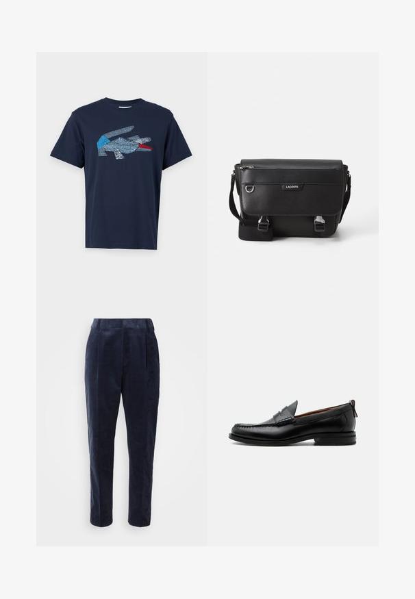 Lacoste Camiseta estampada - dark blue; Pantalones de pana azul marino con una textura suave, que presentan pliegues, una cinturilla alta y una pierna entallada, diseñados para un ajuste a medida.; Mocasín de hombre de piel negra con costura moc toe, tira penny, cuello texturizado y tacón bajo apilado sobre fondo blanco.; Bolso mensajero Lacoste negro texturizado con correa ajustable, tapa frontal, bolsillo con cremallera y cierres de hebilla metálica.