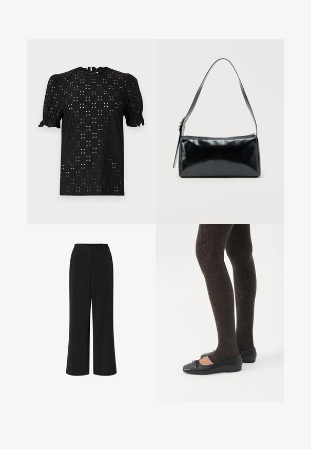 Μαύρη μπλούζα κοντού μανικιού με υφή τύπου eyelet, χαρακτηριστικά με φουσκωτά μανίκια και στρογγυλή λαιμόκοψη, που κλείνει με κλειδαρότρυπα στο πίσω μέρος.; Μαύρο παντελόνι με φαρδιά πόδια φτιαγμένο από λείο ύφασμα. Διαθέτει επίπεδο μπροστινό μέρος, μέση με θηλιές ζώνης και δύο πλαϊνές τσέπες.; Πόδια με σκουρόχρωμα ριμπ κολάν συνδυασμένα με μαύρα μπαλαρίνα παπούτσια με μικρές λεπτομέρειες φιόγκων σε λευκό φόντο.; Μαύρη ορθογώνια τσάντα ώμου με έναν ρυθμιζόμενο ιμάντα και κλείσιμο με φερμουάρ στην κορυφή σε μονόχρωμο φόντο.