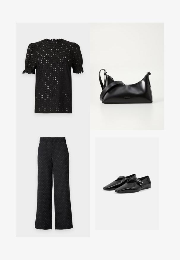 Must mustrinine lühikeste varrukatega blouse, millel on tekstureeritud aukudega disain, puffi varrukad ning ümmargune kaelus, lukuga selja taga.; Mustad laiad püksid, mis on valmistatud valgete täppidega kangast. Omavad keskelt kõrgendatud vöökohta ja esikotte. Tekstureeritud pind.; Mustad lakknahast madalad kingad teravate varvaste ja pandlaga rihmaga üle pealse, esitatud ühevärvilisel heledal taustal.; Mustmust nahkaga kott sileda tekstuuriga. Omab reguleeritavat rihma ja sujuvat, minimalistlikku disaini, millel on lukuga sulgemine.