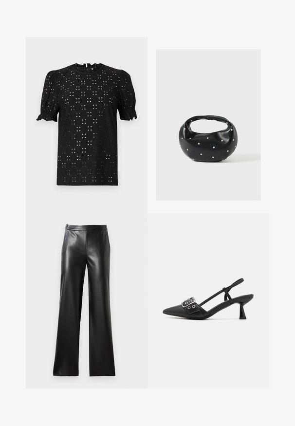 Blouse noire à manches courtes avec un design texturé en œillets, présentant des manches bouffantes et un col rond, fermée par une fente à l'arrière.; Pantalons larges en cuir noir avec une texture lisse, poches avant et fermeture éclair. Présente un design épuré et minimaliste.; Simmi London DALA - Escarpins - black; Sac à main en cuir noir de forme arrondie, décoré de clous argentés et équipé d'une poignée courte. Texture lisse et fermeture éclair.