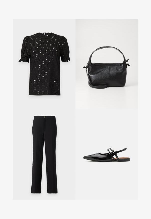 Blouse noire à manches courtes avec un design texturé en œillets, présentant des manches bouffantes et un col rond, fermée par une fente à l'arrière.; Pantalon noir avec une coupe droite, fabriqué en tissu lisse. Comprend une fermeture à bouton devant et des poches latérales.; Des chaussures slingbacks en cuir verni noir présentent un bout pointu, deux sangles avec des accents de boucle, et une semelle plate.; Sac à main en cuir noir au design structuré, avec une poignée arrondie et une bandoulière amovible. Présente une texture lisse et un éclat subtil.