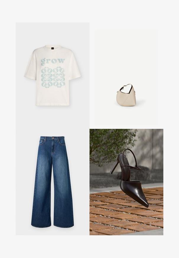 T-shirt blanc à manches courtes avec texte bleu clair « grow » et motifs décoratifs abstraits en bas sur le devant.; Jean en denim bleu foncé taille haute, jambes larges, cinq poches, passants pour ceinture et fermeture par bouton en cuivre.; Mule noire brillante à talons hauts avec bout pointu et bride à la cheville, suspendue au-dessus d'une surface carrelée en terre cuite avec des interstices remplis de gravier.; Sac à main en cuir beige en forme de croissant avec une seule bandoulière et des coutures minimalistes, posé sur un fond blanc uni.