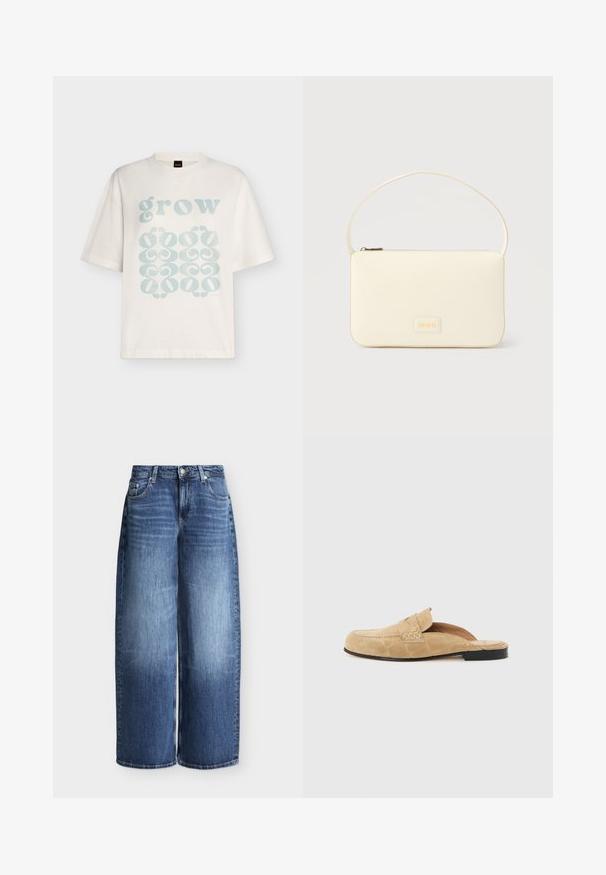 T-shirt blanc à manches courtes avec texte bleu clair « grow » et motifs décoratifs abstraits en bas sur le devant.; Jean bleu à jambes larges avec fermeture devant par bouton et zip, passants pour ceinture et design classique cinq poches sur fond uni.; Mocassin beige en cuir suédé sans talon avec une semelle noire et des détails cousus sur un fond uni et clair.; Sac à main rectangulaire de couleur crème avec une seule sangle et une fermeture éclair sur le dessus, comportant une petite plaque de logo embossé à l'avant.