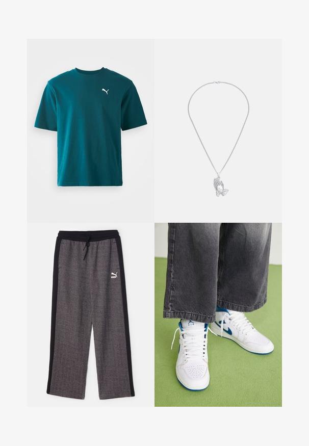 Teal bomulds t-shirt med korte ærmer, rund hals og et hvidt Puma-logo på venstre bryst; glat tekstur og regular fit.; Puma RELAXED TRACK PANTS - Træningsbukser - black/alpine snow; Hvide højtop sneakers med blå accenter, perforeret tå boks og hvide snørebånd. Båret med løse grå denim bukser på en grøn overflade.; Sølvvedhæng med halskæde, der har to sammenflettede hænder, hængende fra en fint kæde med en glat tekstur.