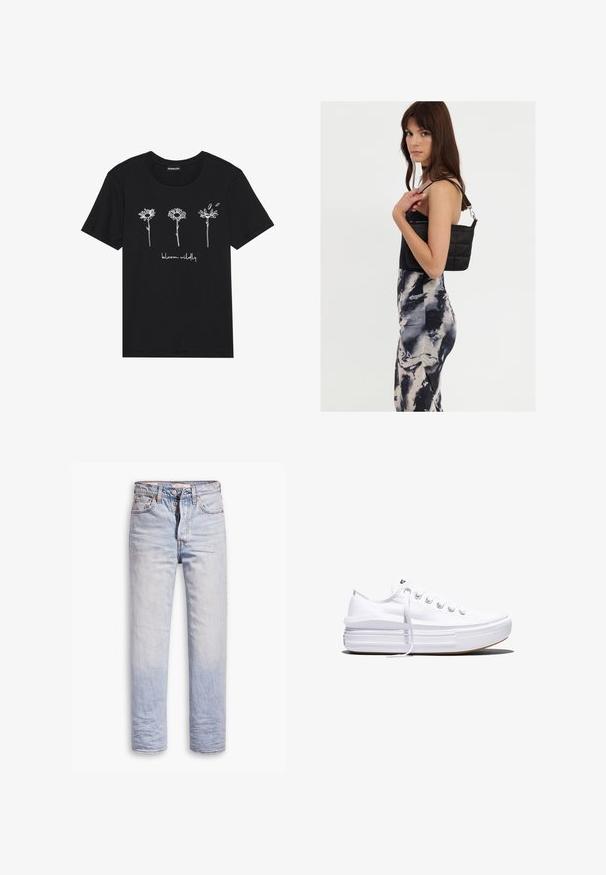 Μαύρο βαμβακερό t-shirt με λευκά σχέδια τριών λουλουδιών και το κείμενο "άνθισε άγρια" από κάτω. Στρογγυλή λαιμόκοψη και κοντά μανίκια.; Ανοιχτό μπλε τζιν παντελόνι με κατευθείαν γραμμή, που διαθέτει κουμπί στη ζώνη, πέντε τσέπες και διακριτική φθορά κατά μήκος των ποδιών.; Λευκό καμβαδένιο αθλητικό παπούτσι χαμηλού προφίλ με παχιά σόλα τύπου πλατφόρμας, δέσιμο με κορδόνια μπροστά και λαστιχένιο καπάκι δακτύλων με υφή, απεικονίζεται σε πλευρικό προφίλ.; Μαύρη καπιτονέ τσάντα ώμου με έναν μόνο ιμάντα και ασημένια εξαρτήματα, σε συνδυασμό με ένα εφαρμοστό φόρεμα με σχέδιο tie-dye σε αποχρώσεις του μαύρου και του κρεμ.