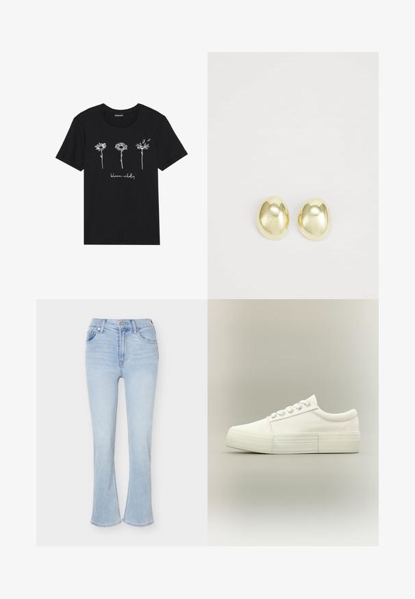 Μαύρο βαμβακερό t-shirt με λευκά σχέδια τριών λουλουδιών και το κείμενο "άνθισε άγρια" από κάτω. Στρογγυλή λαιμόκοψη και κοντά μανίκια.; Ανοιχτό μπλε τζιν ψηλόμεσο με μπατζάκια bootcut, πέντε τσέπες, κλείσιμο με κουμπί και διακριτικές λεπτομέρειες ξεβάμματος στους μηρούς μπροστά.; Λευκό sneaker χαμηλού προφίλ με χοντρή σόλα, μεταλλικές οπές για κορδόνια και κορδόνια, εμφανίζεται από το πλάι σε απλό φωτεινό φόντο.; Σκουλαρίκια από μέταλλο σε χρυσό τόνο με λείο, στρογγυλό σχήμα και γυαλιστερή φινίρισμα. Απλός σχεδιασμός χωρίς επιπλέον διακοσμητικά στοιχεία.
