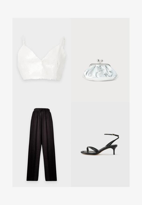 Top court blanc avec bretelles fines ajustables, couvert de sequins brillants sur un fond uni.; Pantalons larges noirs avec taille élastique et texture léopard subtile, présentant un cordon de serrage à l'avant.; Sandale pour femme en cuir noir avec fines lanières, une boucle d'orteil, une boucle à la cheville et un talon aiguille de hauteur moyenne sur un fond neutre.; Petit sac pochette métallique argenté avec un design arrondi et froncé, fermeture à clip avec deux boules argentées.