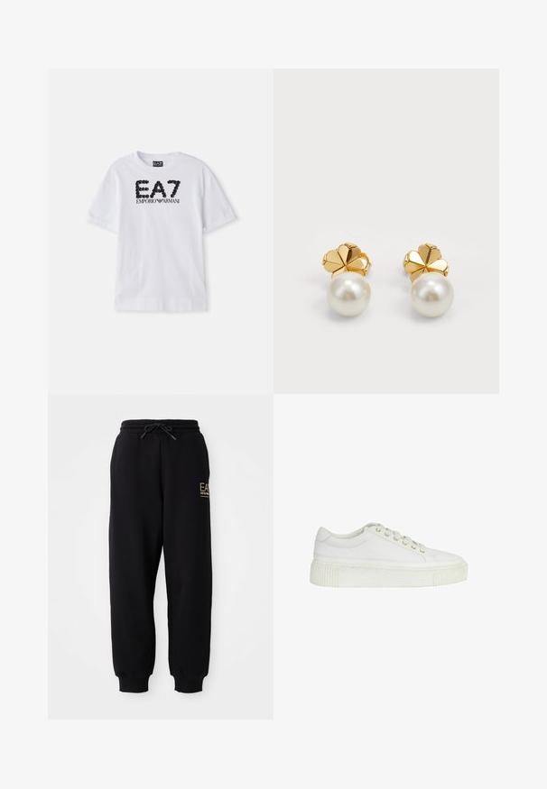 Hvid bomulds T-shirt med et sort strass-logo "EA7 EMPORIO ARMANI" på forsiden, korte ærmer og en rund halsudskæring.; Sorte sweatpants med snor i taljen, elastiske manchetter og et lille guld logo på venstre side. Blødt stof med en glat tekstur.; Hvid lavtop-sneakersko med tyk sål, snørebånd foran og diskrete syningsdetaljer, sat op mod en ensfarvet hvid baggrund.; Guldtonede øreringe med et blomsterdesign øverst og en glat, stor hvid perle. Metallet har en poleret finish, der fremhæver den samlede glans.