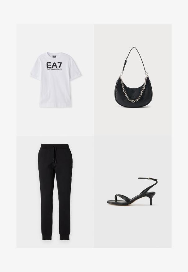 Witte katoenen t-shirt met een zwarte paillettengegraveerde logo "EA7 EMPORIO ARMANI" op de voorkant, korte mouwen en een ronde hals.; Zwarte sweatpants gemaakt van zachte stof, met een elastische tailleband met een trekkoord en taps toelopende benen met geribbelde manchetten. Kleine logo detail.; Zwarte leren dames sandaal met dunne bandjes, een teengreep, een enkelgesp en een stilettohak van gemiddelde hoogte op een neutrale achtergrond.; Zwarte halvemaanvormige handtas met een geperst logopatroon, voorzien van een zilveren ketting en een verstelbare leren schouderriem.