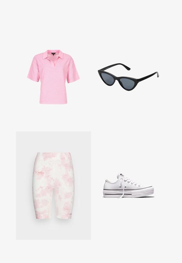 Rosa gestreiftes Poloshirt mit kurzen Ärmeln, ausgestattet mit einem Kragen und einer lockeren Passform. Das Material wirkt glatt mit einem dezenten Glanz.; FUBU CORPORATE TIEDYE CYCLING - Shorts - pink; Weißer Sneaker aus Segeltuch mit niedrigem Schnitt, weißen Schnürsenkeln, Gummisohle, schwarzen Streifendetails und Logopatch auf der Zunge und Ferse.; Schwarze Cat-Eye-Sonnenbrille mit dunkelgrauen Gläsern, schlankem Kunststoffrahmen, spitzen Ecken und geraden Bügeln. Keine sichtbaren Befestigungen oder Akzente.