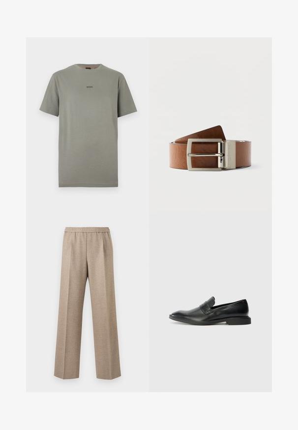 T-shirt en coton gris à manches courtes et col rond. Présente un logo "BOSS" discret dans une teinte plus foncée sur la poitrine.; Pantalon beige à jambe droite avec taille élastique et plis marqués sur le devant de chaque jambe.; Mocassins en cuir noir avec une texture lisse, un nez pointu et un petit talon rectangulaire. Présente un détail de bande horizontale sur le dessus.; Ceinture en cuir marron avec une texture à motif et une boucle en métal argenté brillante, de forme rectangulaire, avec un logo embossé.