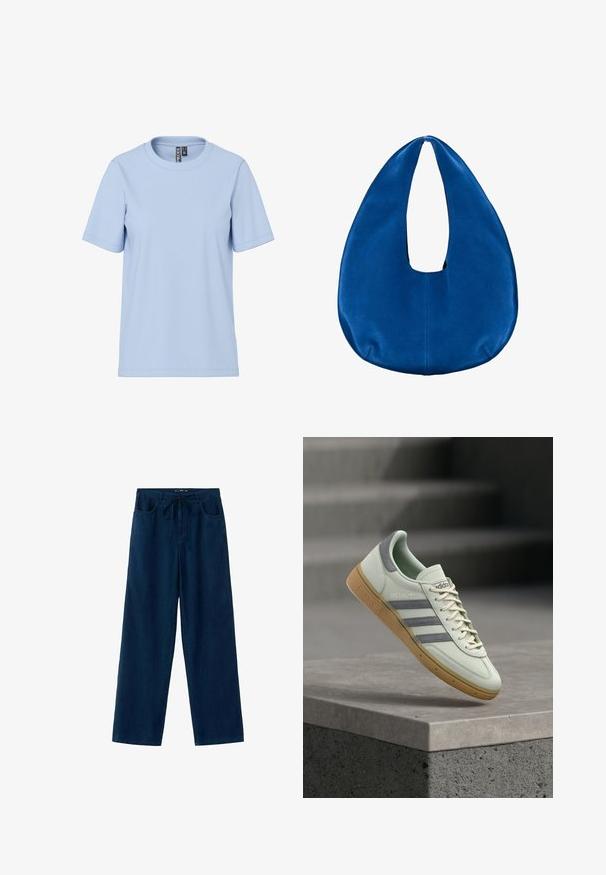 T-shirt bleu clair à manches courtes en tissu doux, avec un col rond classique et sans motifs ni accessoires visibles.; Pantalon large bleu marine avec poches avant et taille à cordons lacée, présenté sur fond blanc.; Baskets vert clair avec des accents gris, comprenant trois bandes grises, des lacets plats et une semelle extérieure texturée en gomme. Tiges synthétiques lisses.; Sac hobo en tissu bleu doux avec une forme arrondie en croissant et une large ouverture pour la poignée au centre supérieur.