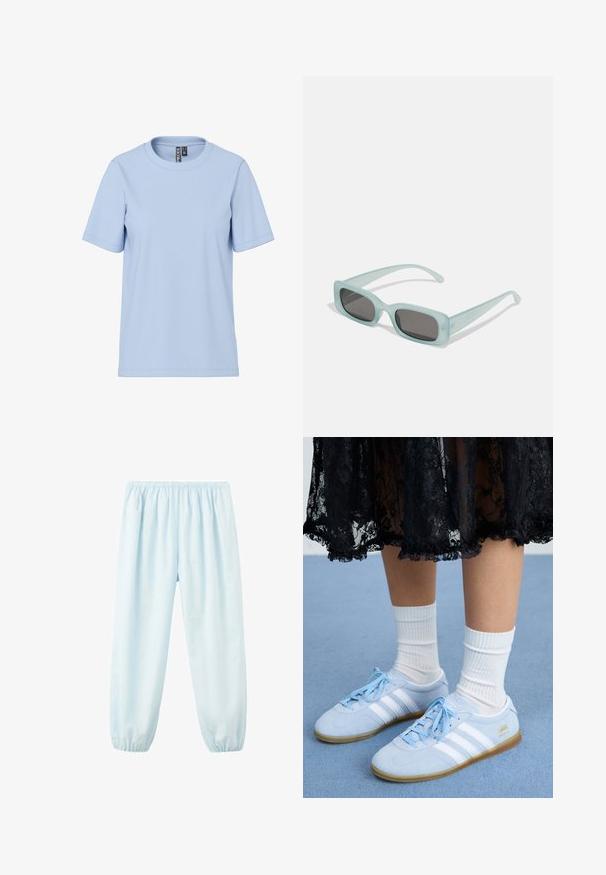 T-shirt bleu clair à manches courtes en tissu doux, avec un col rond classique et sans motifs ni accessoires visibles.; Pantalon bleu clair à taille et chevilles élastiques, coupe ample, en tissu léger.; Des baskets bleu clair avec des rayures blanches et des chaussettes blanches, portées avec une jupe en dentelle noire, sur une surface de moquette bleue.; Une paire de lunettes de soleil rectangulaires avec des montures translucides bleu clair et des verres gris foncé, présentant des branches droites et des détails matériels minimaux.