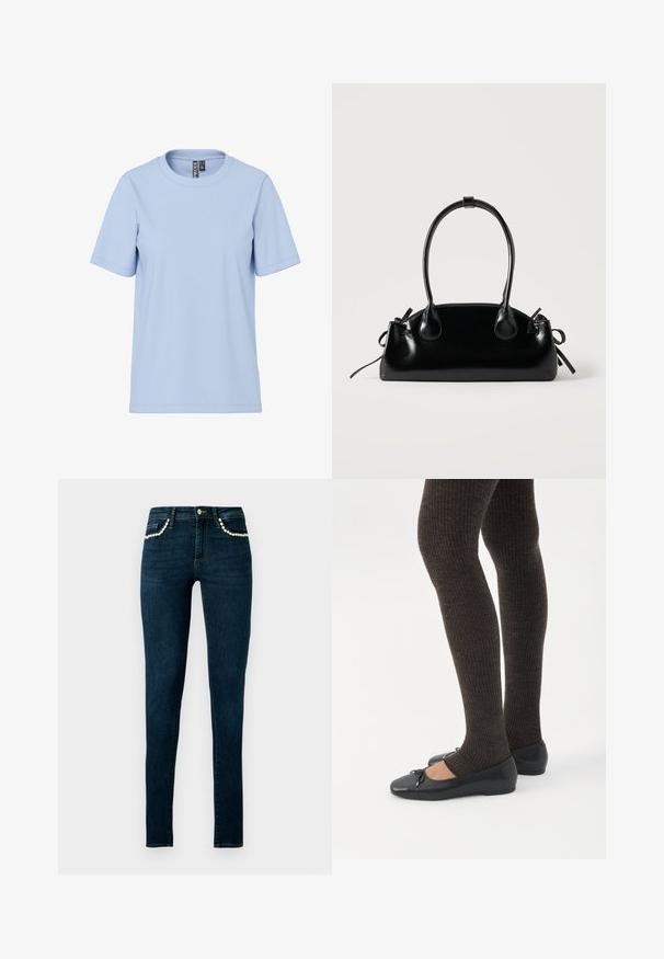 T-shirt bleu clair à manches courtes en tissu doux, avec un col rond classique et sans motifs ni accessoires visibles.; Jean skinny bleu foncé taille haute avec des accents en perles soulignant les poches avant, présenté sur un fond clair uni.; Jambes portant des leggings côtelés foncés associés à des ballerines noires avec de petits détails en nœud sur fond blanc.; Petit sac à main noir brillant avec deux longues anses et des détails à cordon sur les côtés sur un fond clair uni.