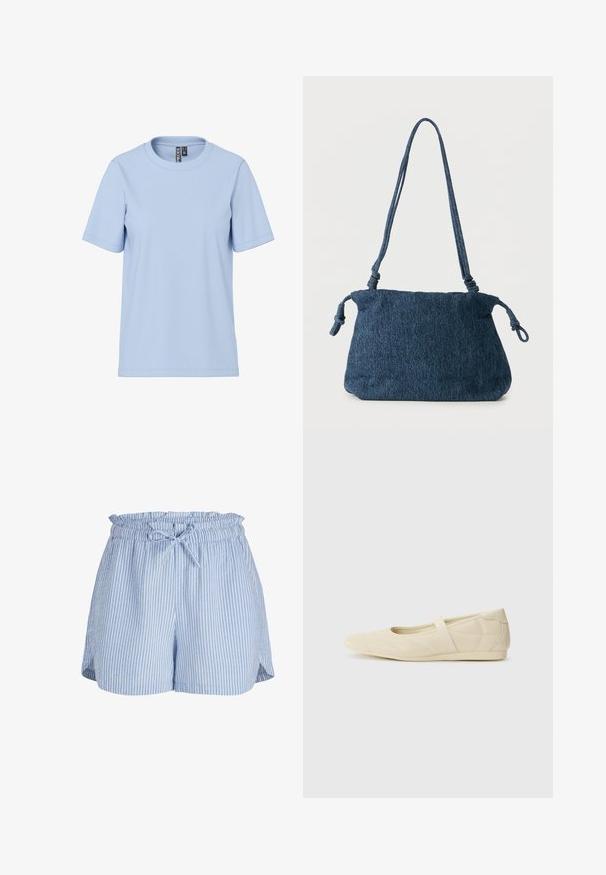 Lyseblå t-shirt med korte ærmer lavet af blødt stof, med en klassisk rund halsudskæring og uden synlige mønstre eller detaljer.; Lyseblå og hvide vertikale stribede dame shorts med elastisk talje og bundet snøre foran.; Lysebrune ballet flats med en glat læderoverflade, mandelformet tå og elastisk rem over vristen, med diskrete syninger.; Mørkeblå denim skuldertaske med knyttede stropender og en enkel rektangulær form mod en hvid baggrund.