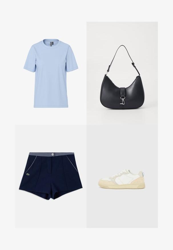 Lyseblå t-shirt med korte ærmer lavet af blødt stof, med en klassisk rund halsudskæring og uden synlige mønstre eller detaljer.; Navy blå shorts med hvidstribet taljebånd, front lynlås med trykknap, sidelommer med hvid kant og lille grønt krokodillelogo på venstre side.; Hvid og beige sneaker med en overdel i ruskind og tekstil, med kontrastsyninger, en gummisål og en lyseblå detalje på hælen.; Pieces PCLIKA SHOULDER BAG - Håndtasker - black