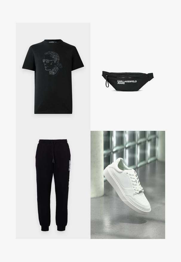 Zwarte katoenen T-shirt met een geometrisch, reflecterend zwart ontwerp van een gezicht met een zonnebril op de voorkant. Voorzien van een ronde halslijn.; Zwarte joggingbroek van zachte stof, met een elastische tailleband met een trekkoord, taps toelopende pijpen en een logo langs de zijkant.; Witte leren sneaker met een afgeronde neus, vetersluiting aan de voorkant en een platte rubberen zool. Voorzien van geperforeerde details en een subtiel logo-accent.; Zwart heuptasje met rits en witte "KARL LAGERFELD JEANS" logo aan de voorkant, en verstelbare riem aan beide zijden.