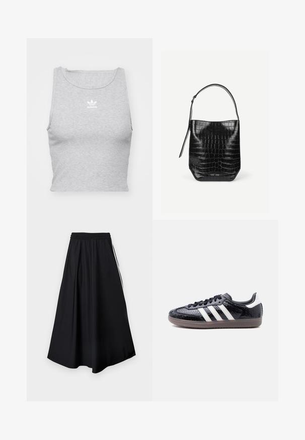 Top corto sin mangas gris, hecho de un tejido suave, con un escote redondo y un pequeño logo blanco de Adidas en el pecho.; Pantalones negros de pierna ancha con cinturilla elástica y franjas blancas laterales, mostrados sobre un fondo blanco liso.; Zapatilla negra de perfil bajo con patrón texturizado de piel de serpiente, rayas blancas en el costado, cordones negros y suela traslúcida marrón.; Bolso tipo saco de piel negra con relieve de cocodrilo, con una sola correa para el hombro y un pequeño logo de la marca en plata en el centro inferior frontal.
