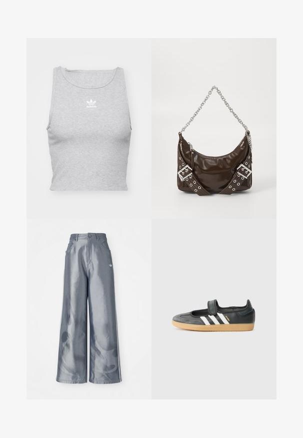Graues, ärmelloses Crop-Top aus weichem Stoff, mit Rundhalsausschnitt und kleinem weißen Adidas-Logo auf der Brust.; Weite Hose aus glänzendem grauem Material, ausgestattet mit weißen seitlichen Streifen und einem Flammenmuster an den Unterschenkeln. Knopf- und Reißverschlussverschluss an der Taille.; Schwarze Leder- und Wildledersneaker mit einem Klettverschluss, ausgestattet mit drei weißen Streifen und einer Gummisohle, beschriftet mit "SAMBA" an der Seite.; Dunkelbraune Lackleder-Handtasche mit silberner Kettenriemen, dekorativen doppelten Schnallen und Reißverschluss.