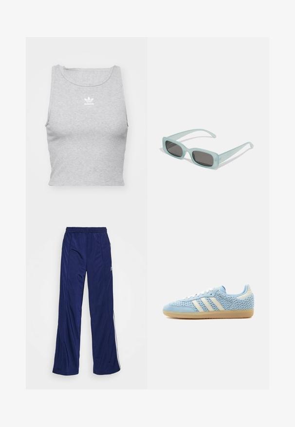 Grå, ærmeløs crop top lavet af blødt stof, med rund halsudskæring og et lille hvidt Adidas-logo på brystet.; Marineblå træningsbukser med elastisk talje, lige ben og sidelommer med lynlås. Har hvid piping langs siderne. Glat stofstruktur.; Lav sko med lys blå vævet overdel, hvide striber, hvide snørebånd, lys blå ruskindstrop og sål af gumgummi.; Et par rektangulære solbriller med lyseblå gennemsigtige stel og mørkegrå linser, der har lige templer og minimale hardware detaljer.