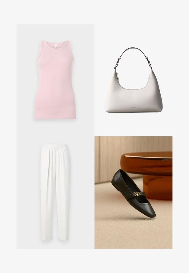 Débardeur rose clair en tissu doux et extensible. Il présente un col rond et des bretelles étroites, avec une texture lisse et une coupe ajustée.; Pantalons blancs à taille élastique avec une coupe droite, en matière douce et présentant de subtils plis avant pour une texture et un détail de design supplémentaires.; Chaussure plate en cuir noir avec bout pointu et logo CK doré sur la bride, posée sur un tapis beige près d'une table ronde couleur ambre brun.; Sac à bandoulière en cuir couleur crème de Calvin Klein avec bord supérieur incurvé, fermeture éclair argentée et sangle ajustable brun foncé.