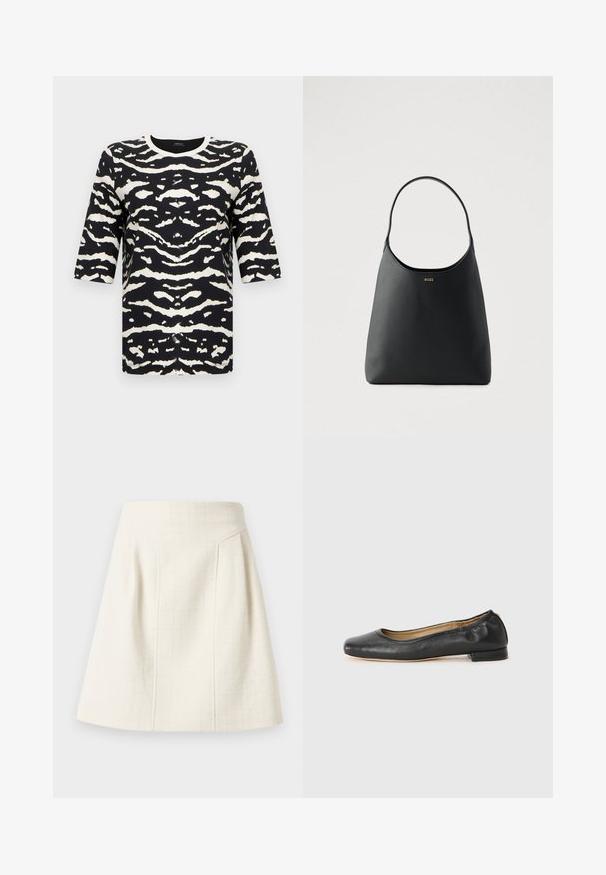 Haut à manches courtes noir et blanc présentant un motif audacieux à rayures de tigre, un col rond et un tissu doux et texturé.; Mini-jupe trapèze texturée blanc cassé avec taille haute et coutures verticales subtiles pour la mise en forme.; Ballerines en cuir noir avec un bout arrondi et des coutures minimales. Talon bas et rectangulaire avec une texture lisse. Détails subtils de doublure intérieure.; Sac à main en cuir noir avec une seule poignée courbée, texture lisse et un logo discret à l'avant. Design minimaliste et intérieur spacieux.
