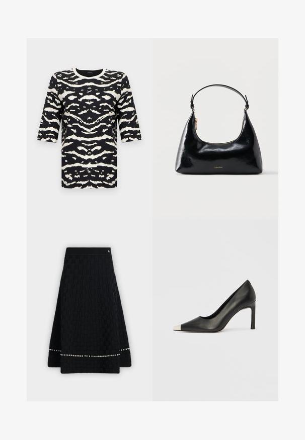 Haut à manches courtes noir et blanc présentant un motif audacieux à rayures de tigre, un col rond et un tissu doux et texturé.; Jupe trapèze noire avec motif carré texturé, taille élastique et deux rangées de petits clous argentés près de l'ourlet.; Chaussure à talon haut en cuir noir avec bout pointu et capuchon argenté métallique. Présente une finition lisse et un talon fin de 10 cm.; Sac à main Calvin Klein noir brillant avec fermeture éclair dorée et anse courte sur fond blanc uni.