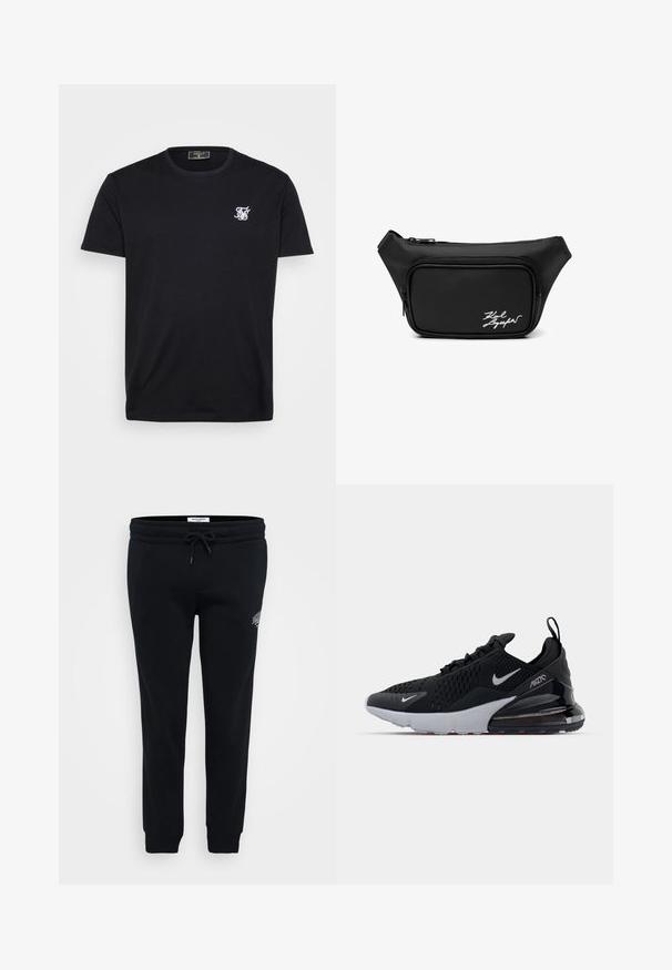 Sort bomulds t-shirt med korte ærmer, rund halsudskæring og et lille hvidt broderet logo på venstre bryst. En simpel og klassisk design.; Sorte sweatpants lavet af blødt stof, med elastisk talje, snor, sidelommer og en lille logo detalje på hoften.; Sort atletiksko med mesh-overdel, hvid sål og synlig luftdæmpning i hælen. Slank design med diskrete sølvdetaljer.; Sort bæltetaske med lynlåslomme foran og hvid kursiv logo "Karl Lagerfeld" i nederste højre hjørne.