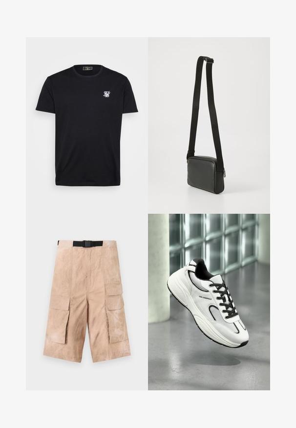 Sort bomulds t-shirt med korte ærmer, rund halsudskæring og et lille hvidt broderet logo på venstre bryst. En simpel og klassisk design.; Beige cargo-shorts til knæet med store klaplommer på begge sider og et sort justerbart bælte i taljen.; Hvid sneaker med mesh og lædermateriale, sorte accenter og tekstureret sål. Fås med snørebånd og branding på siden.; Sort læder crossover taske med en glat overflade, rektangulær form, justerbar sort rem og sølv lynlåsdetalje.
