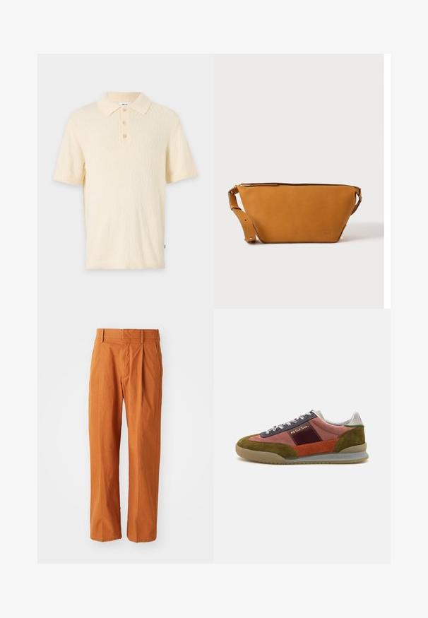 Polo shirt crème court en tissu texturé, avec un col classique et une patte de boutonnage à trois boutons. Comprend des manches courtes et des poignets côtelés.; Pantalons en coton orange avec une coupe droite, dotés de plis sur le devant, de passants de ceinture et d'une texture lisse. Design classique sans motifs.; PS Paul Smith DOVER - Baskets basses - pink; Sac bandoulière en cuir marron clair avec sangle réglable et fermeture éclair, présenté sur un fond clair uni.