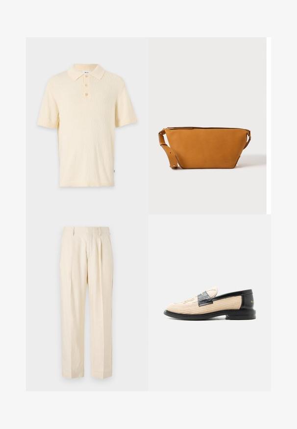 Polo de crema corto con una tela texturizada, un cuello clásico y una tapeta de tres botones. Presenta mangas cortas y puños acanalados.; NN.07 KAY - Pantalones - off white; Mocasín beige tejido con ribete de cuero negro, puntera redondeada, suela negra y patrón decorativo cosido en la parte superior.; Bolso bandolera de cuero marrón claro con correa ajustable y cierre de cremallera, mostrado sobre un fondo claro y liso.