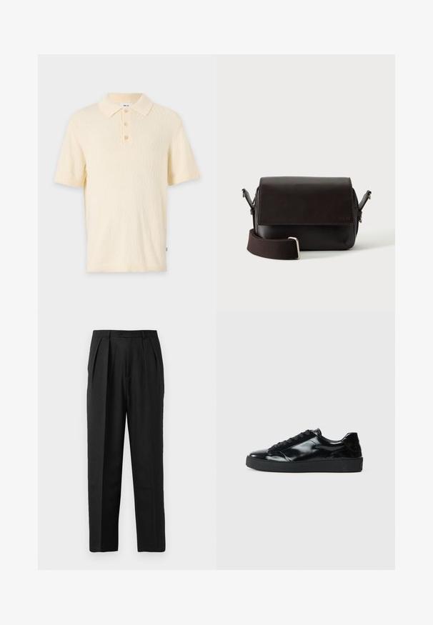 Polo shirt crème court en tissu texturé, avec un col classique et une patte de boutonnage à trois boutons. Comprend des manches courtes et des poignets côtelés.; Pantalons plissés noirs au design sur mesure, confectionnés en tissu lisse, avec une fermeture à bouton et une coupe droite.; Baskets en cuir verni noir avec un bout arrondi, un laçage, une semelle en caoutchouc texturé et une finition lisse.; Sac bandoulière en cuir marron foncé avec fermeture à rabat et sangle en tissu réglable sur fond blanc.