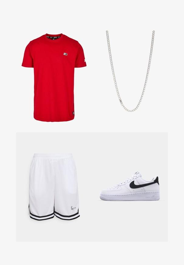Rotes Baumwoll-T-Shirt mit Rundhalsausschnitt, kurzen Ärmeln und einem kleinen schwarzen Logo auf der linken Brust und dem Ärmel. Glatte, einfarbige Stoffqualität.; Weiße sportliche Shorts aus leichtem Stoff, mit einem schwarzen gestreiften Saum und einem signierten Logo auf der linken untersten Vorderseite.; Weißes Leder-Sneaker mit einem strukturierten schwarzen Swoosh, flachen Schnürsenkeln und einer Gummisohle mit genoppetem Muster. "AIR" ist auf der Ferse eingeprägt.; Silberne Kettenhalskette mit ineinandergreifenden Gliedern, glatter Textur und einheitlicher rechteckiger Form. Sicherer Verschluss.