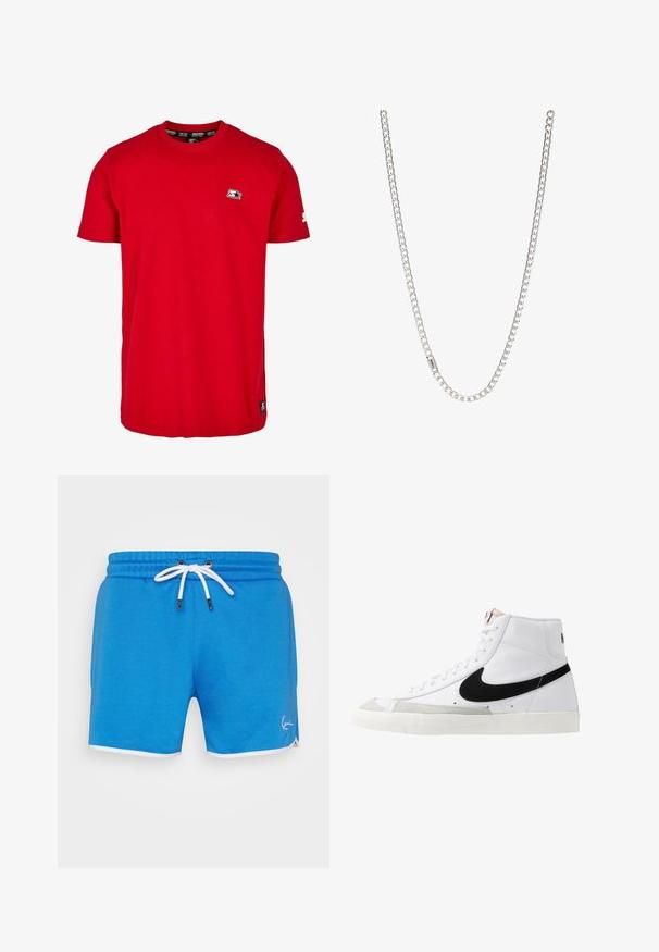 Rode katoenen t-shirt met een ronde hals, korte mouwen en een klein zwart logo op de linkerborst en mouw. Glad, effen kleurstof.; Blauwe sportshorts met een trekkoord in de taille, witte accenten en een klein logo aan de onderkant van de voorkant. Glad textuur, casual ontwerp.; Witte hoge sneakers met een zwarte swoosh, textuur grijze neus en een vlakke witte zool. Kenmerkt zes veteropeningen en gestikte accenten.; Zilveren ketting met in elkaar grijpende schakels, een gladde textuur en een uniforme rechthoekige vorm. Veilige sluiting.