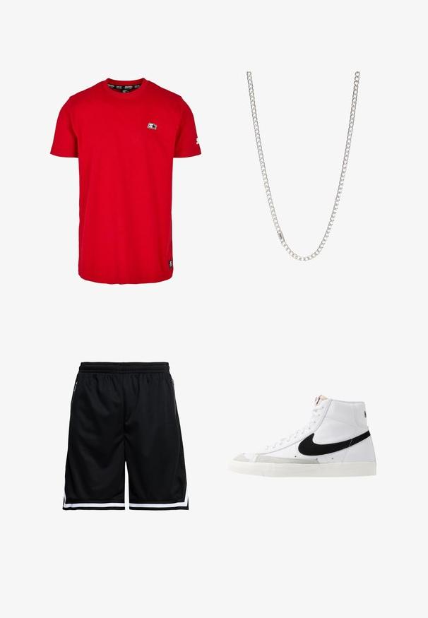 Rotes Baumwoll-T-Shirt mit Rundhalsausschnitt, kurzen Ärmeln und einem kleinen schwarzen Logo auf der linken Brust und dem Ärmel. Glatte, einfarbige Stoffqualität.; Schwarze Sportshorts mit elastischem Bund, seitlichen Reißverschlusstaschen und weißem Streifendetail am Saum.; Weiße High-Top-Sneaker mit einem schwarzen Swoosh, strukturiertem grauen Zehenkappeneinsatz und flacher weißer Sohle. Verfügt über sechs Ösen und genähte Akzente.; Silberne Kettenhalskette mit ineinandergreifenden Gliedern, glatter Textur und einheitlicher rechteckiger Form. Sicherer Verschluss.